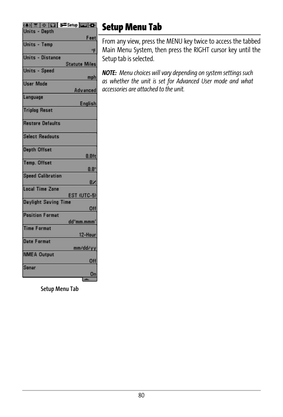 Setup menu tab | Humminbird 531427-1_D User Manual | Page 87 / 119