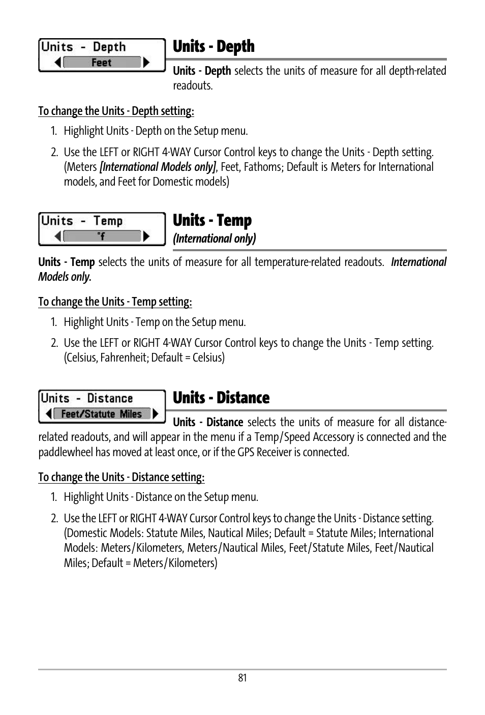 Units - depth, Units - temp, Units - distance | Humminbird 531427-1_D User Manual | Page 88 / 119