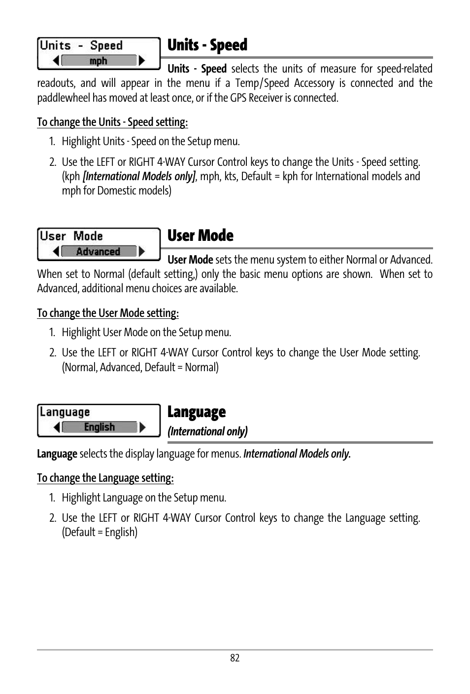 Units - speed, User mode, Language | Humminbird 531427-1_D User Manual | Page 89 / 119