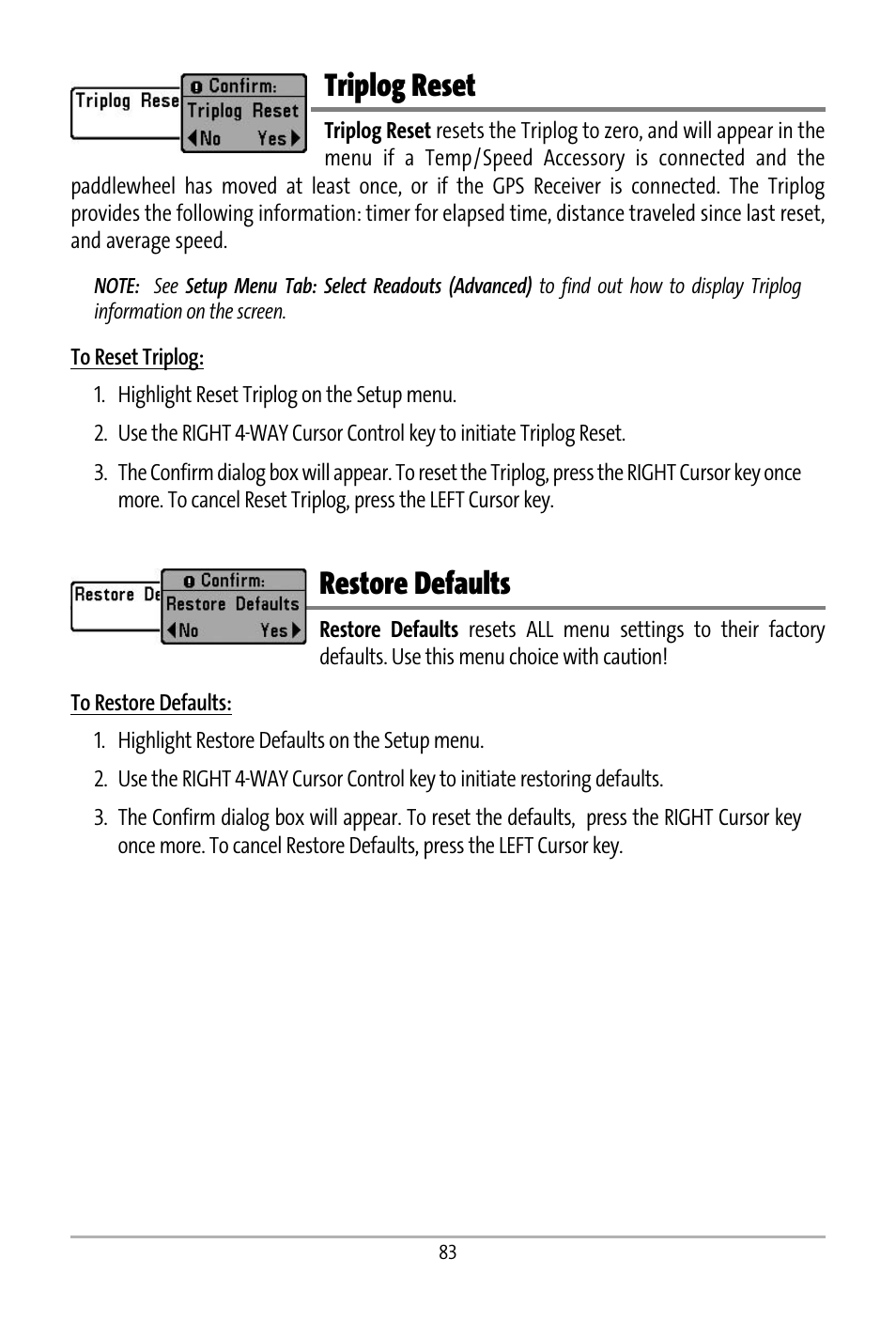 Triplog reset, Restore defaults | Humminbird 531427-1_D User Manual | Page 90 / 119