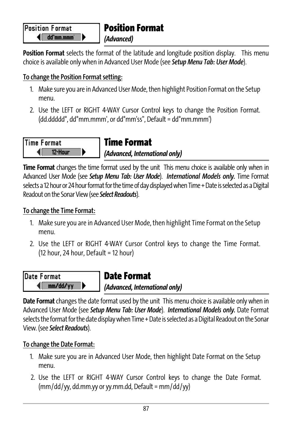 Position format, Time format, Date format | Humminbird 531427-1_D User Manual | Page 94 / 119