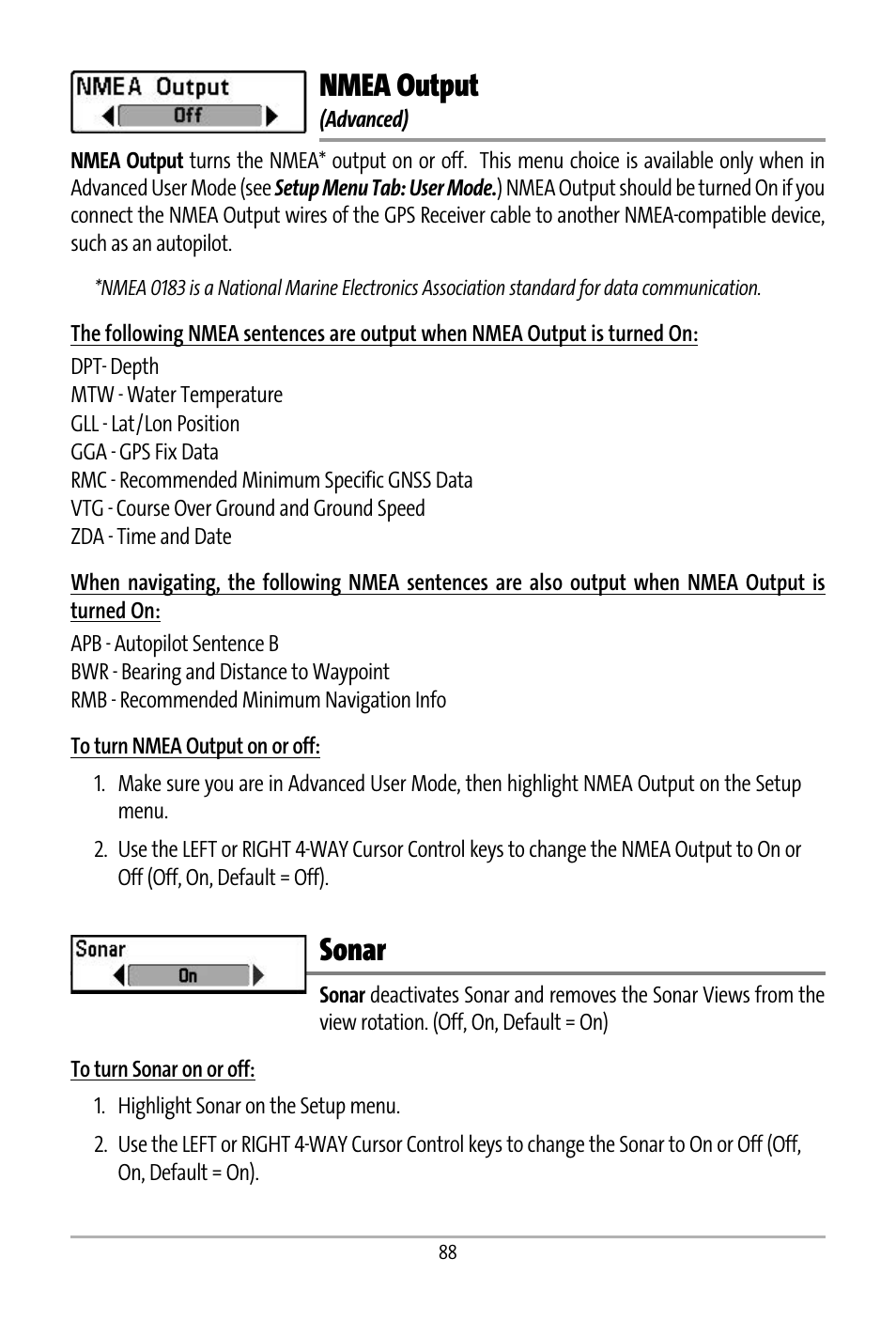 Nmea output, Sonar | Humminbird 531427-1_D User Manual | Page 95 / 119