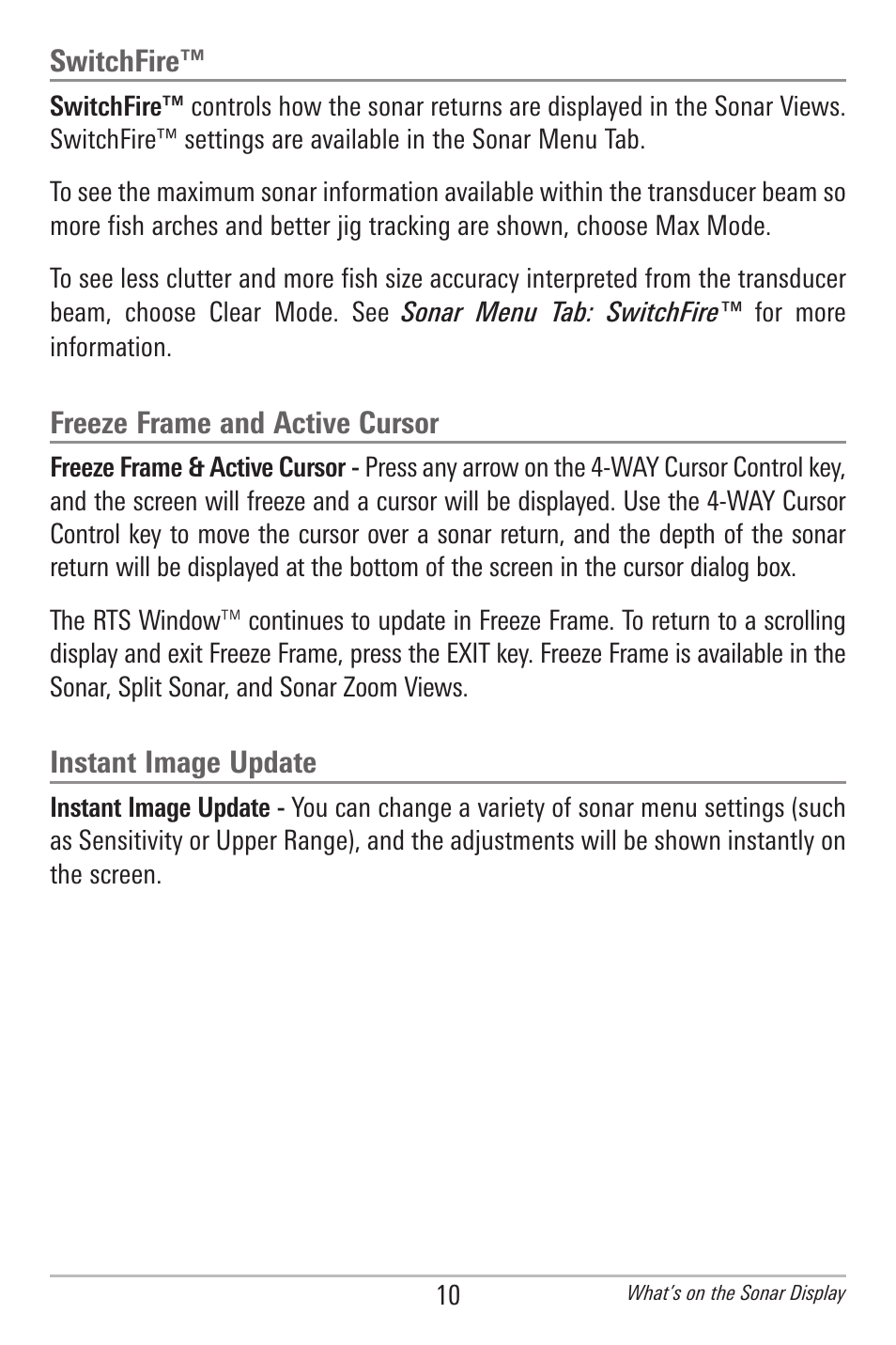 Switchfire, Freeze frame and active cursor, Instant image update | Humminbird 300 SERIES 345C DI User Manual | Page 19 / 94