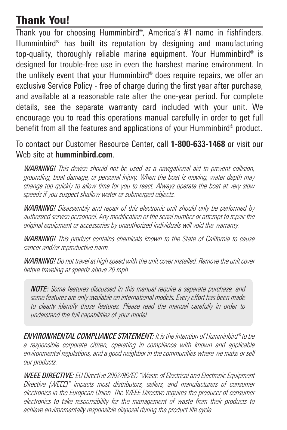 Thank you, Warnings | Humminbird 300 SERIES 345C DI User Manual | Page 2 / 94