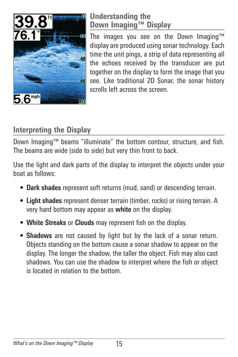 Understanding the down imaging™ display, Interpreting the display | Humminbird 300 SERIES 345C DI User Manual | Page 24 / 94