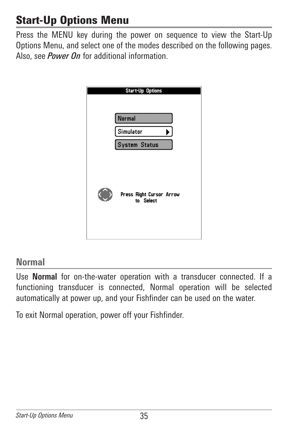 Start-up options menu, Normal | Humminbird 300 SERIES 345C DI User Manual | Page 44 / 94