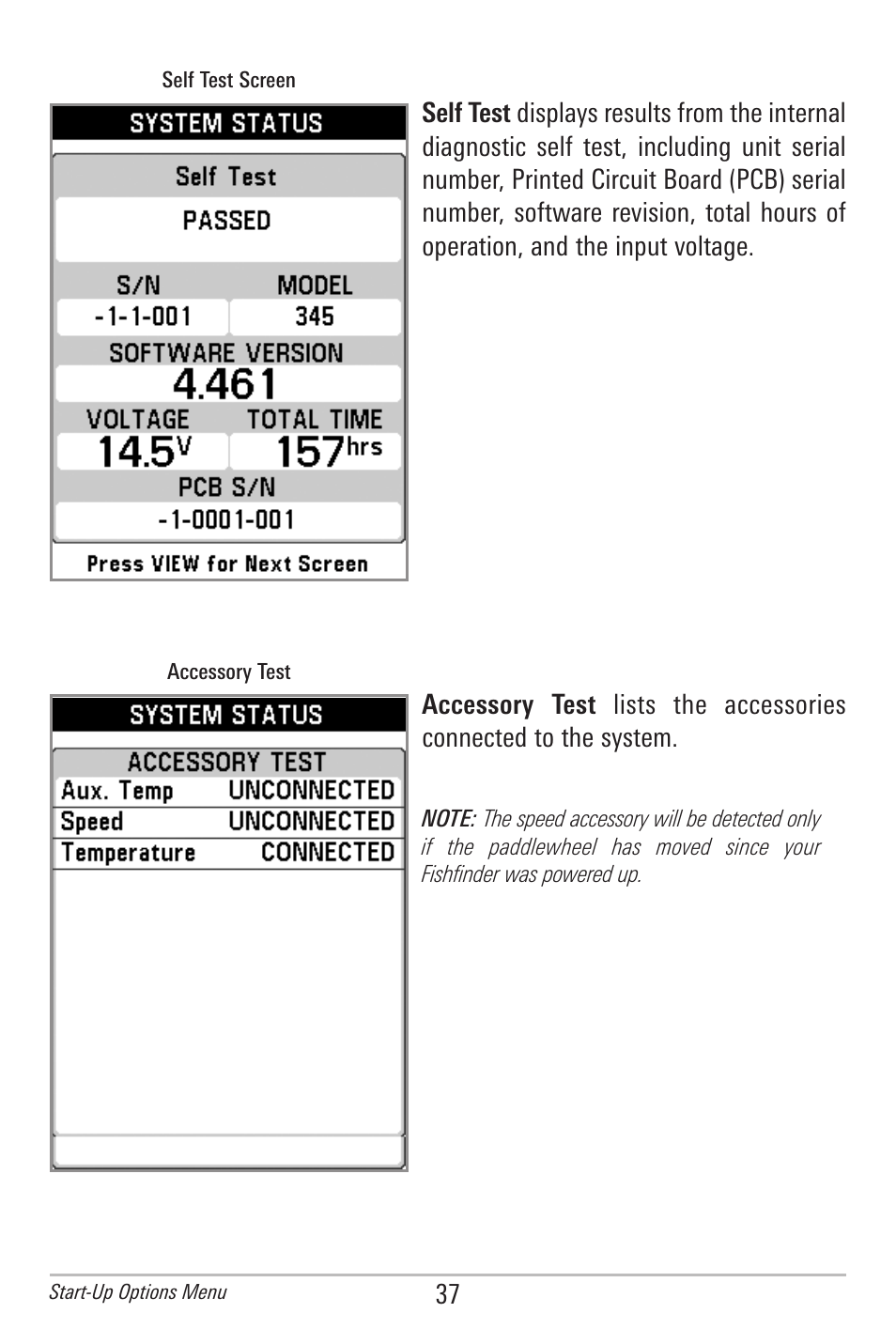 Self test, Accessory test | Humminbird 300 SERIES 345C DI User Manual | Page 46 / 94