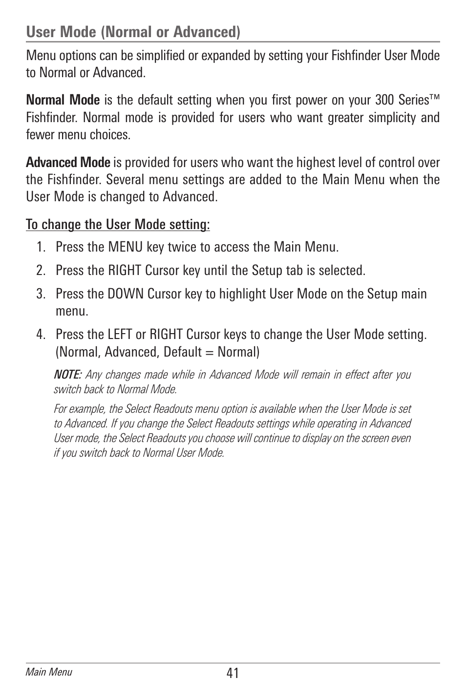 User mode (normal or advanced) | Humminbird 300 SERIES 345C DI User Manual | Page 50 / 94