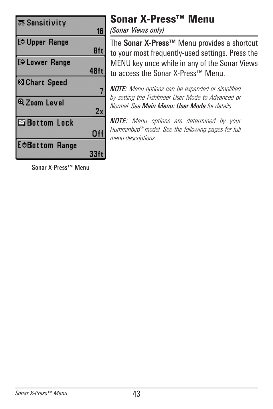 Sonar x-press™ menu | Humminbird 300 SERIES 345C DI User Manual | Page 52 / 94