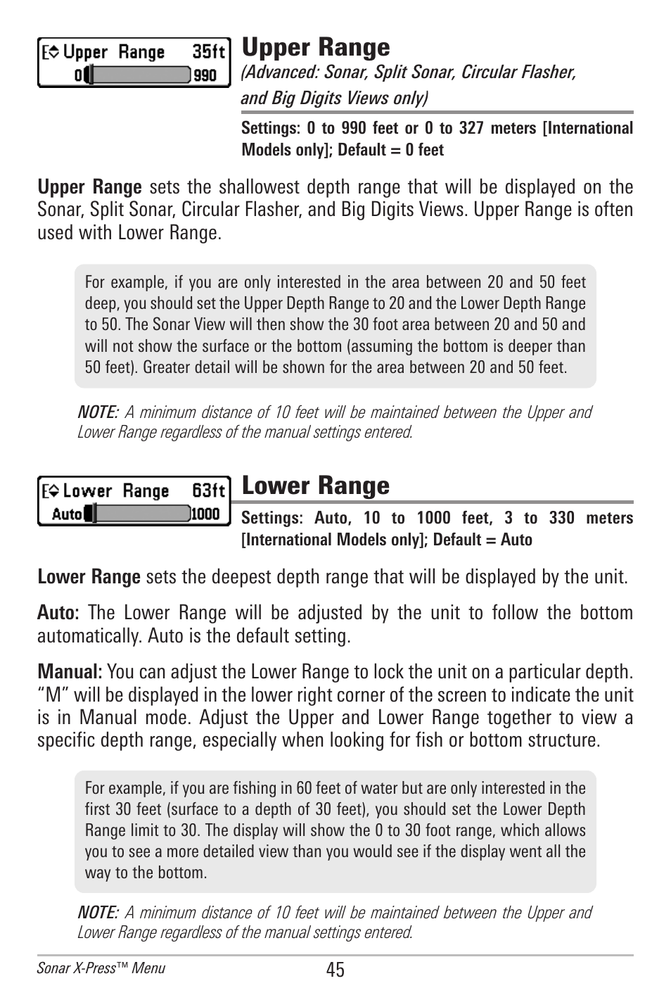 Upper range, Lower range | Humminbird 300 SERIES 345C DI User Manual | Page 54 / 94