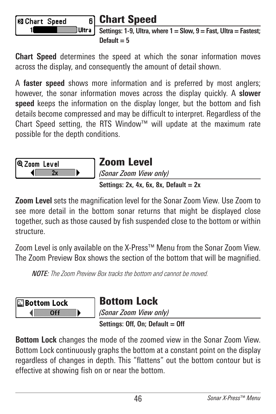 Chart speed, Zoom level, Bottom lock | Humminbird 300 SERIES 345C DI User Manual | Page 55 / 94