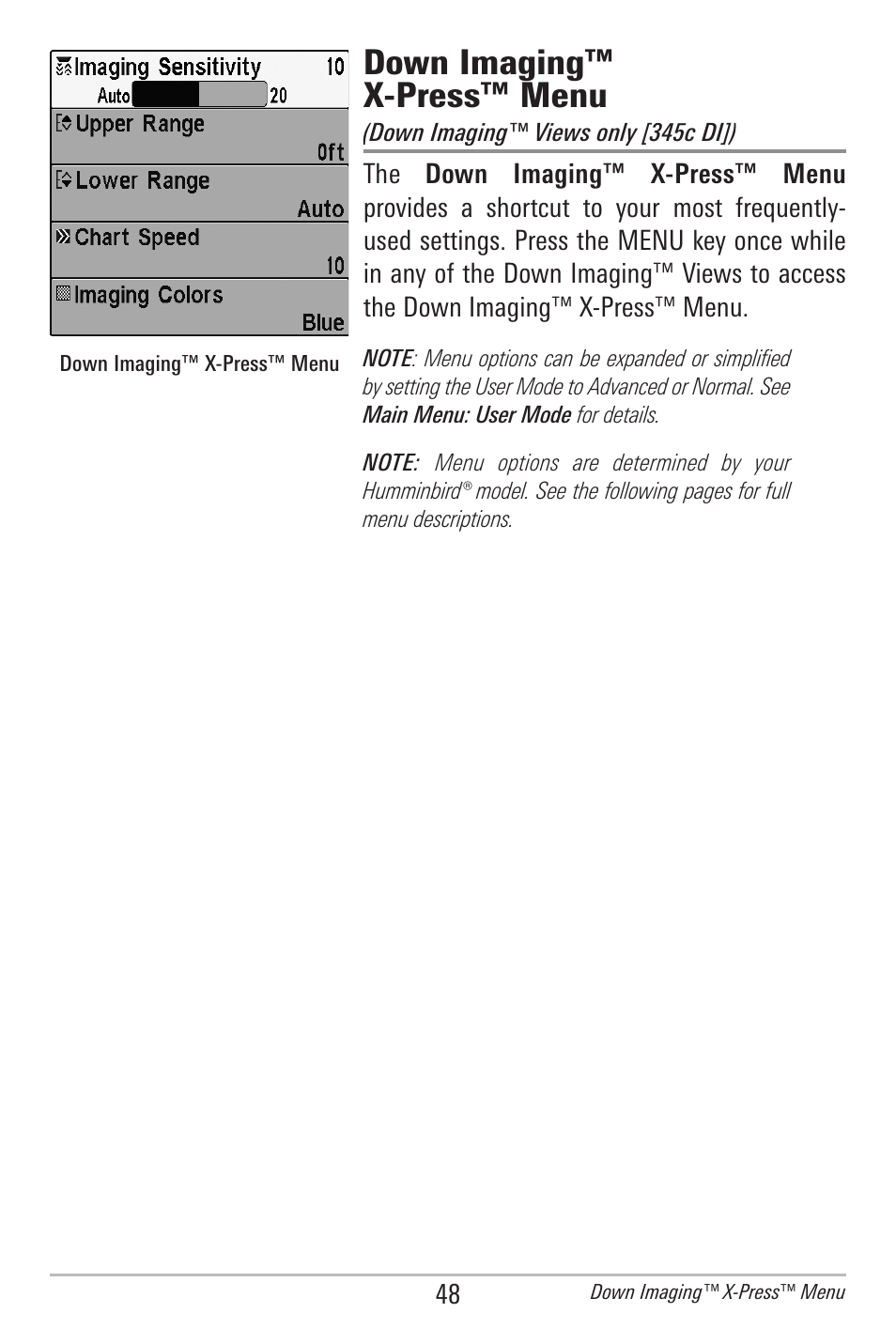 Down imaging™ x-press™ menu | Humminbird 300 SERIES 345C DI User Manual | Page 57 / 94