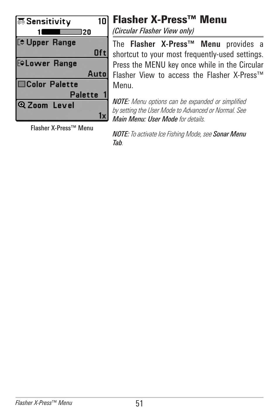 Flasher x-press™ menu | Humminbird 300 SERIES 345C DI User Manual | Page 60 / 94