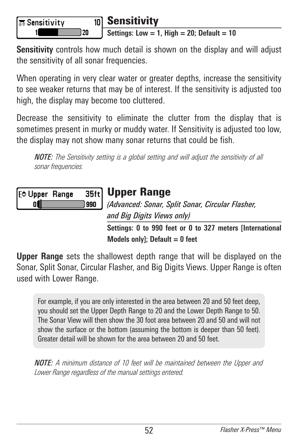 Sensitivity, Upper range | Humminbird 300 SERIES 345C DI User Manual | Page 61 / 94