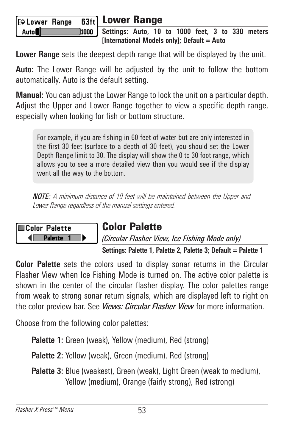 Lower range, Color palette | Humminbird 300 SERIES 345C DI User Manual | Page 62 / 94