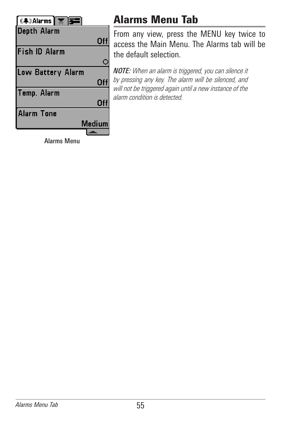 Alarms menu tab | Humminbird 300 SERIES 345C DI User Manual | Page 64 / 94