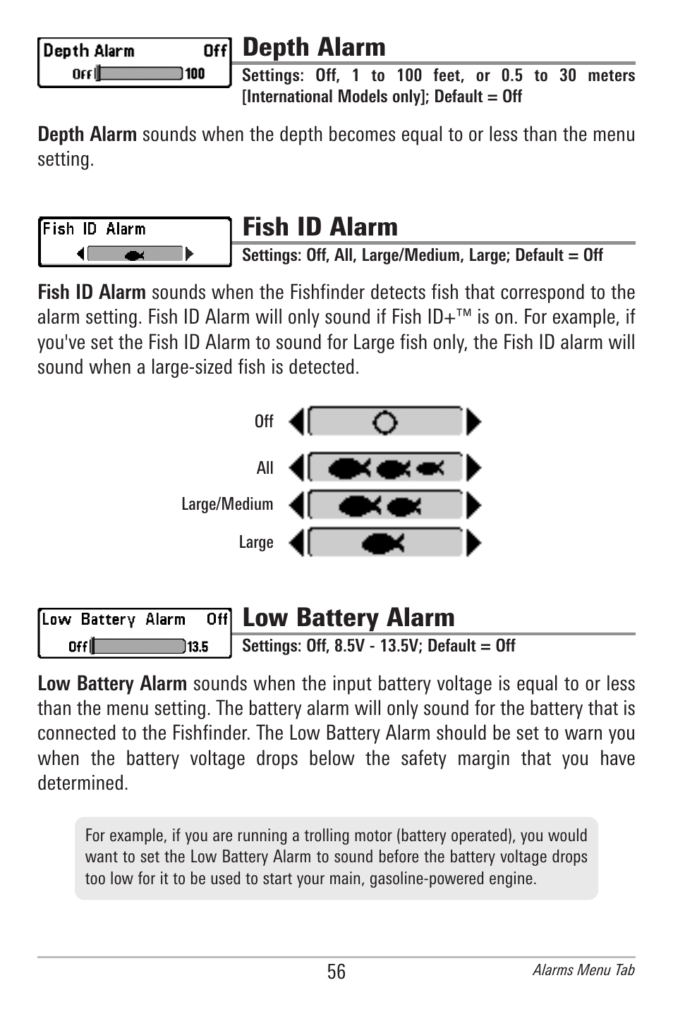 Depth alarm, Fish id alarm, Low battery alarm | Humminbird 300 SERIES 345C DI User Manual | Page 65 / 94