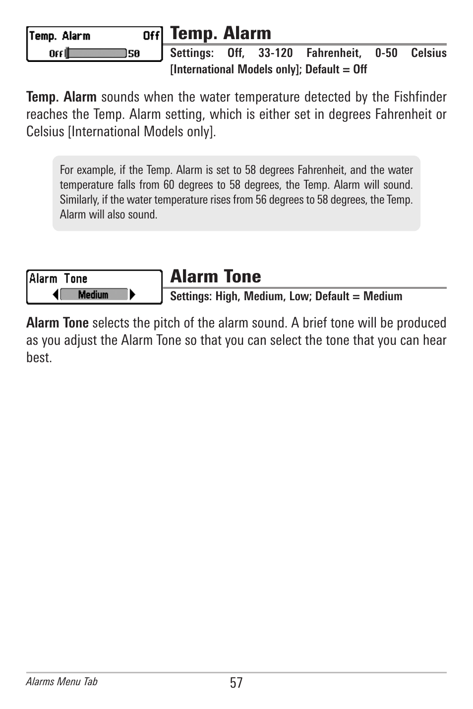 Temp. alarm, Alarm tone | Humminbird 300 SERIES 345C DI User Manual | Page 66 / 94