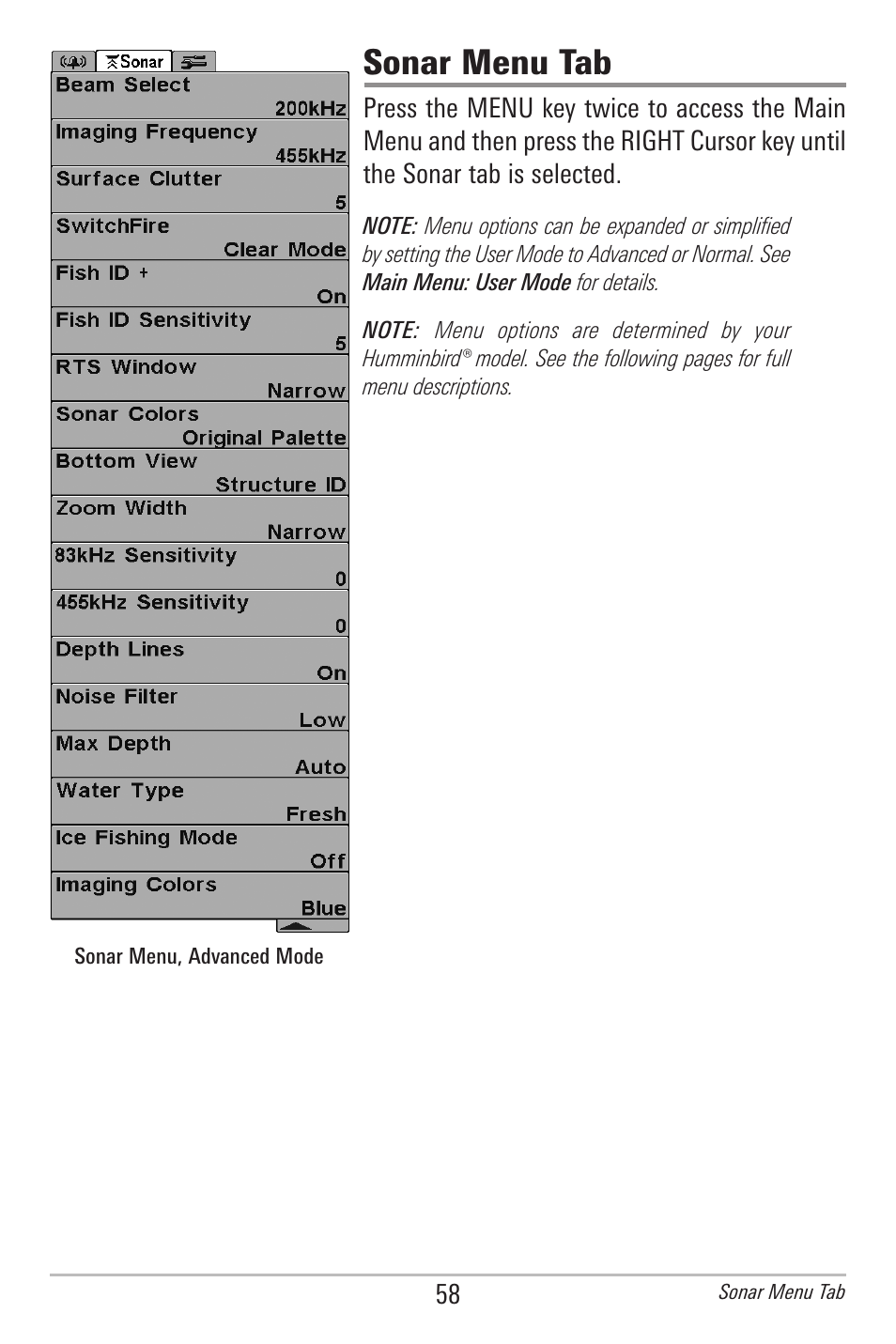 Sonar menu tab | Humminbird 300 SERIES 345C DI User Manual | Page 67 / 94