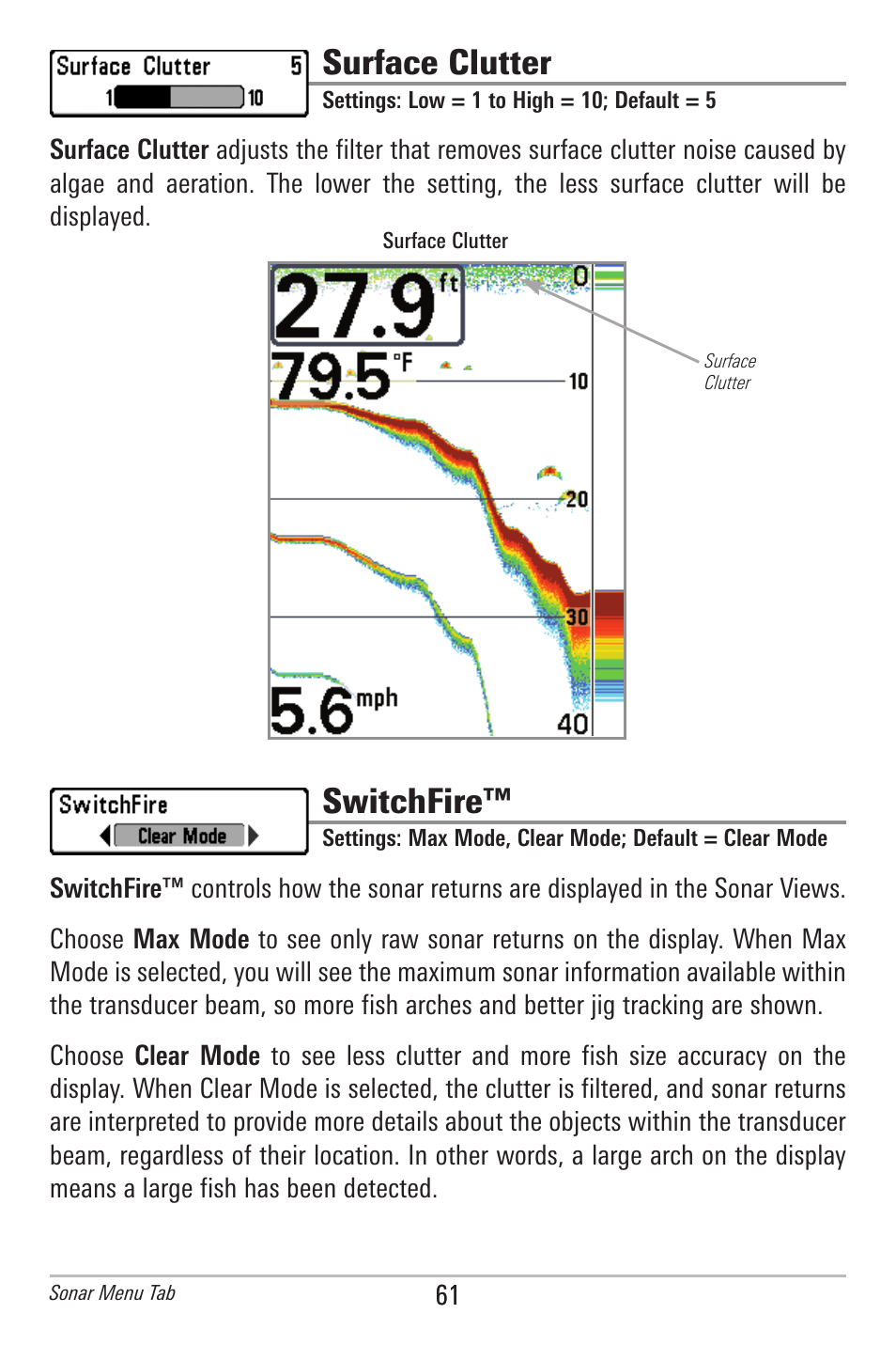 Surface clutter, Switchfire | Humminbird 300 SERIES 345C DI User Manual | Page 70 / 94