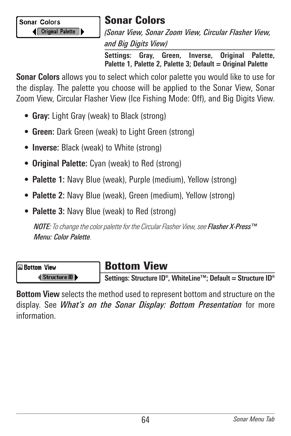 Sonar colors, Bottom view | Humminbird 300 SERIES 345C DI User Manual | Page 73 / 94