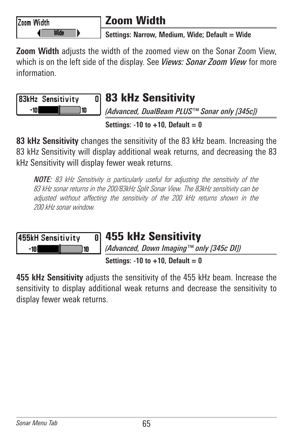 Zoom width, 83 khz sensitivity, 455 khz sensitivity | Humminbird 300 SERIES 345C DI User Manual | Page 74 / 94