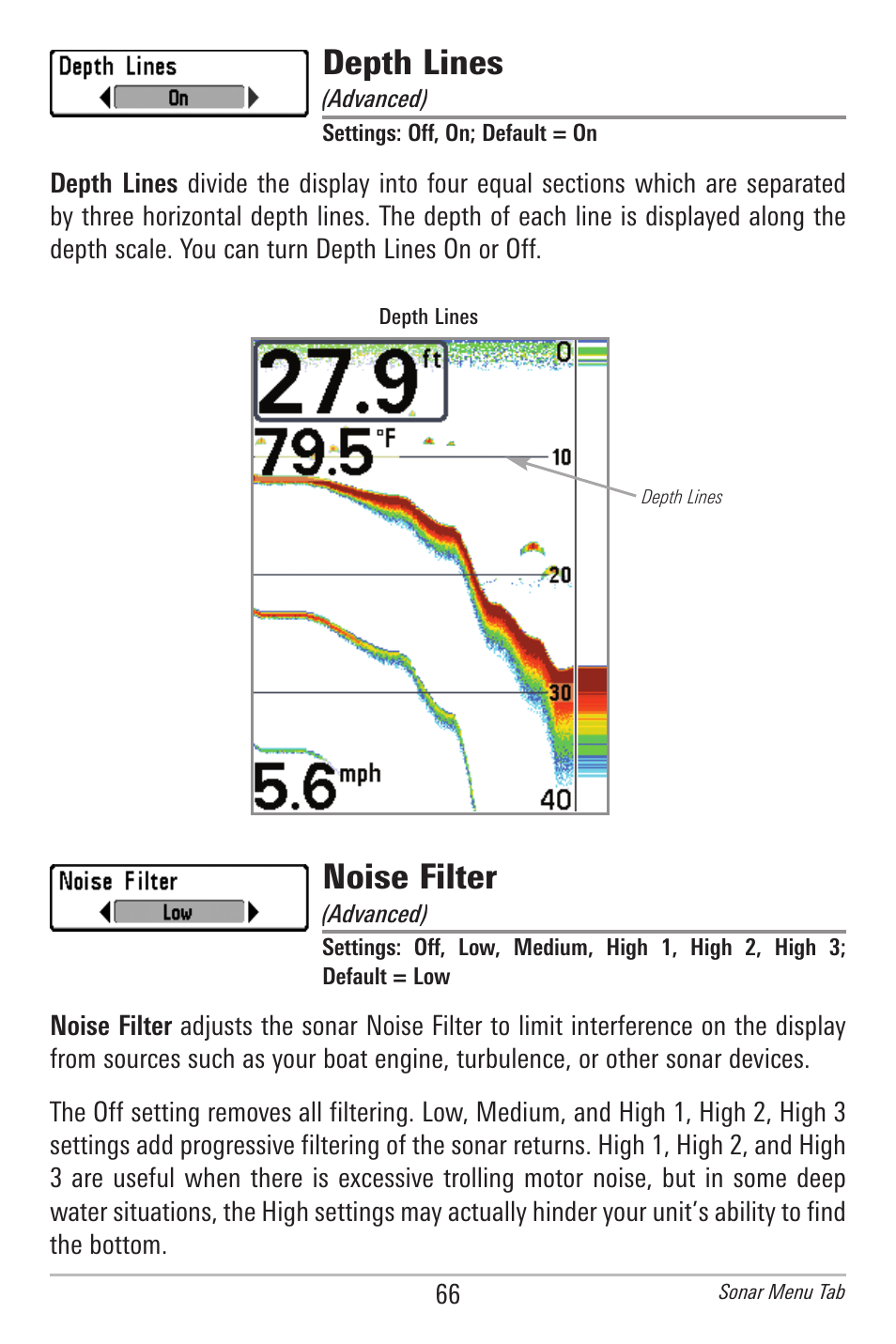 Depth lines, Noise filter | Humminbird 300 SERIES 345C DI User Manual | Page 75 / 94