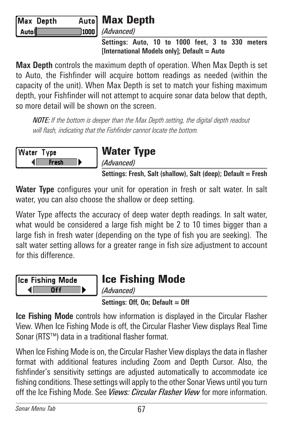 Max depth, Water type, Ice fishing mode | Humminbird 300 SERIES 345C DI User Manual | Page 76 / 94