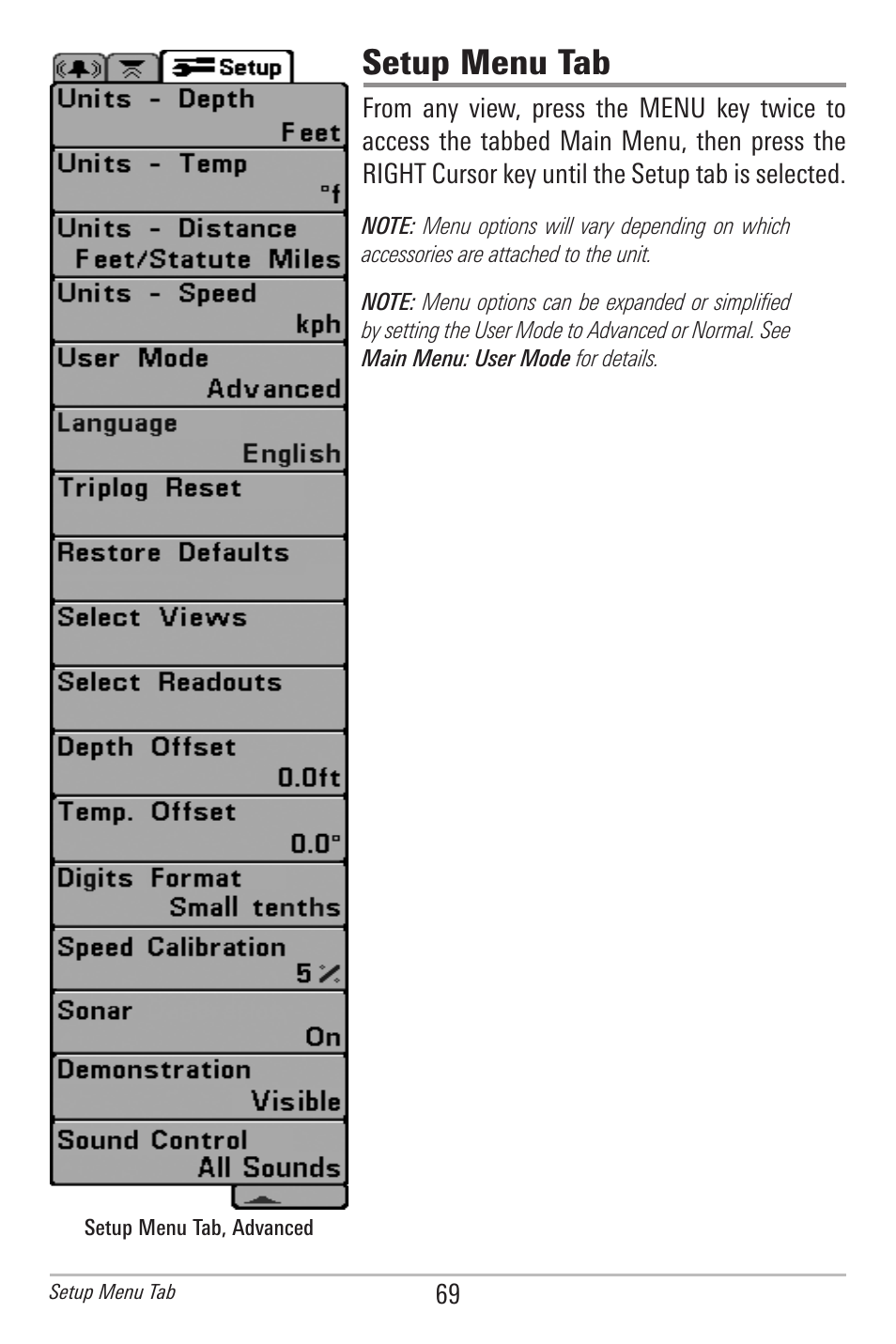Setup menu tab | Humminbird 300 SERIES 345C DI User Manual | Page 78 / 94