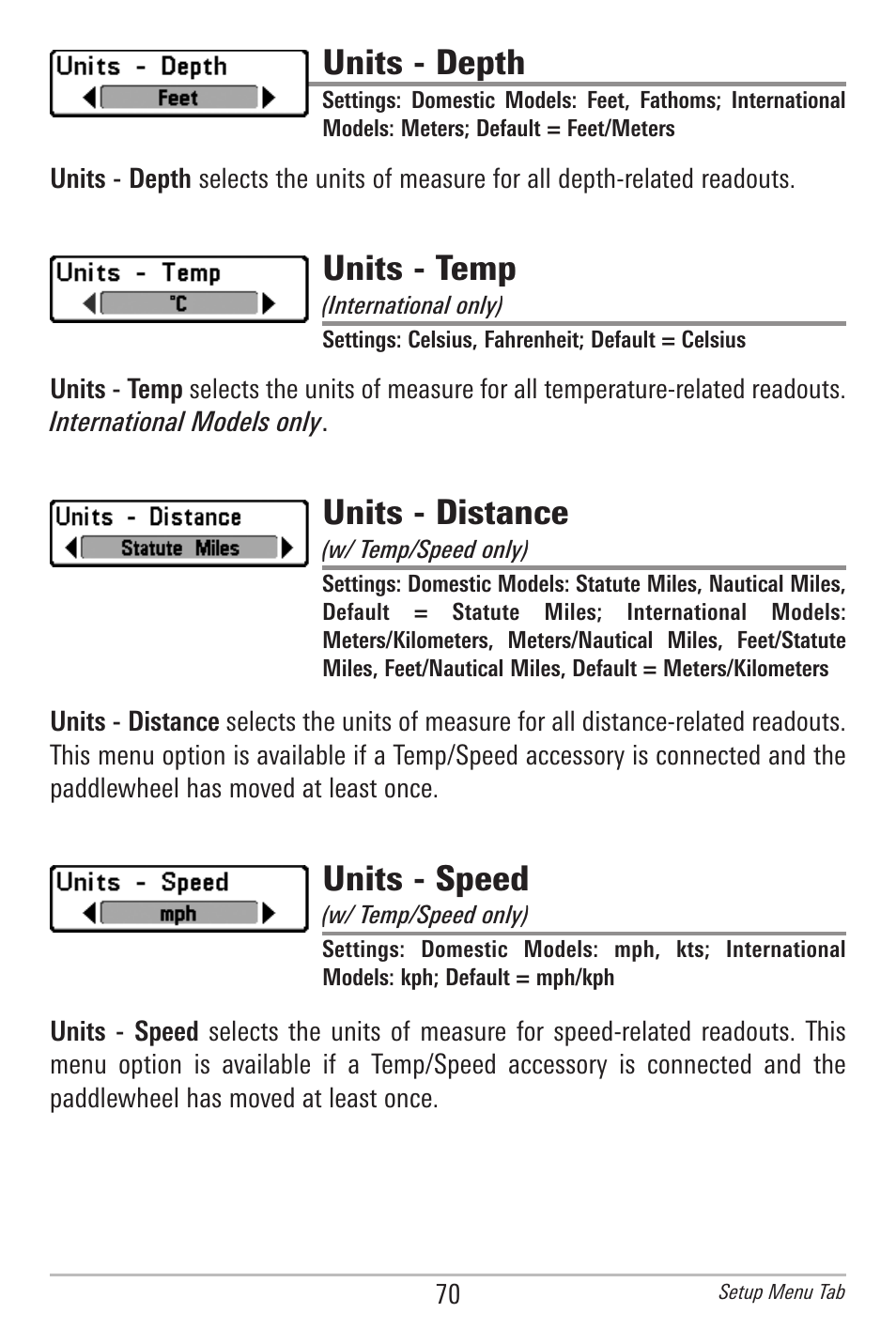 Units - depth, Units - temp, Units - distance | Units - speed | Humminbird 300 SERIES 345C DI User Manual | Page 79 / 94