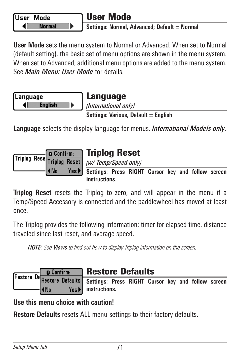 User mode, Language, Triplog reset | Restore defaults | Humminbird 300 SERIES 345C DI User Manual | Page 80 / 94