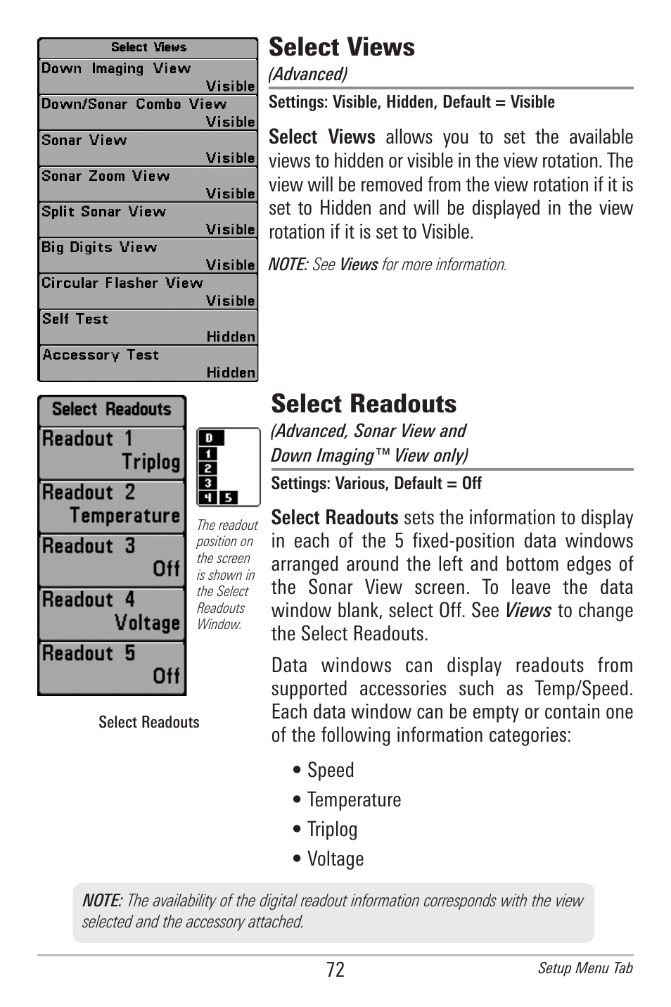 Select views, Select readouts | Humminbird 300 SERIES 345C DI User Manual | Page 81 / 94