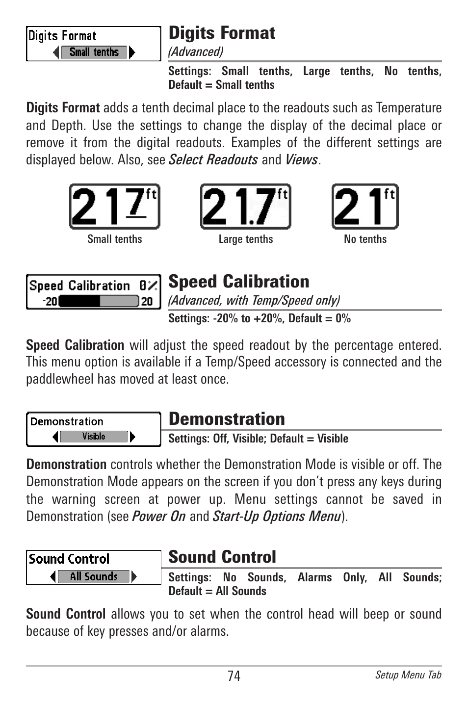 Digits format, Speed calibration, Demonstration | Sound control | Humminbird 300 SERIES 345C DI User Manual | Page 83 / 94
