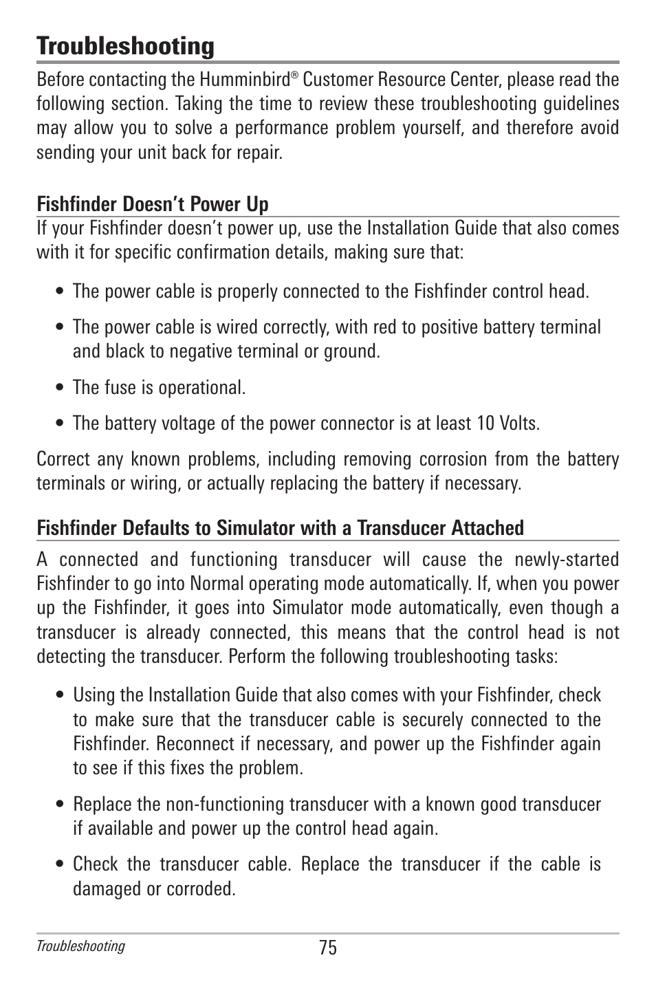 Troubleshooting, Fishfinder doesn’t power up | Humminbird 300 SERIES 345C DI User Manual | Page 84 / 94