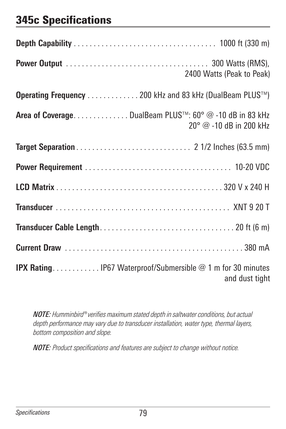 Specifications, 345c specifications | Humminbird 300 SERIES 345C DI User Manual | Page 88 / 94