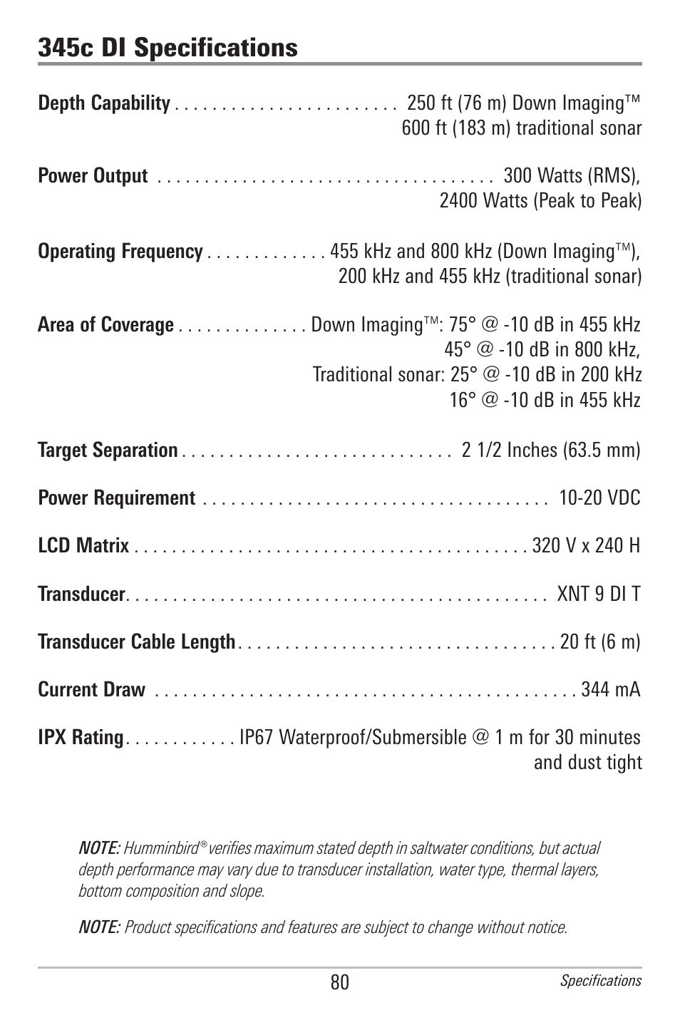 345c di specifications | Humminbird 300 SERIES 345C DI User Manual | Page 89 / 94