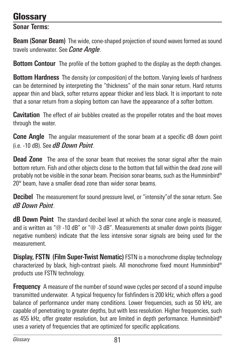 Glossary | Humminbird 300 SERIES 345C DI User Manual | Page 90 / 94