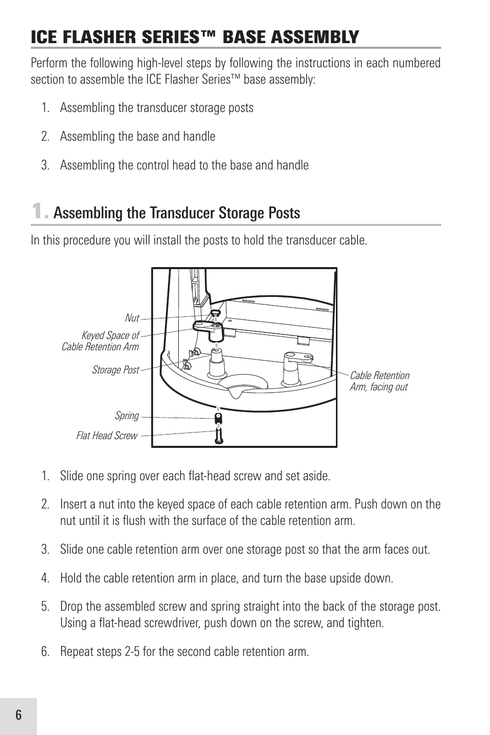 Ice flasher series™ base assembly, Assembling the transducer storage posts | Humminbird ICE 35 User Manual | Page 10 / 44