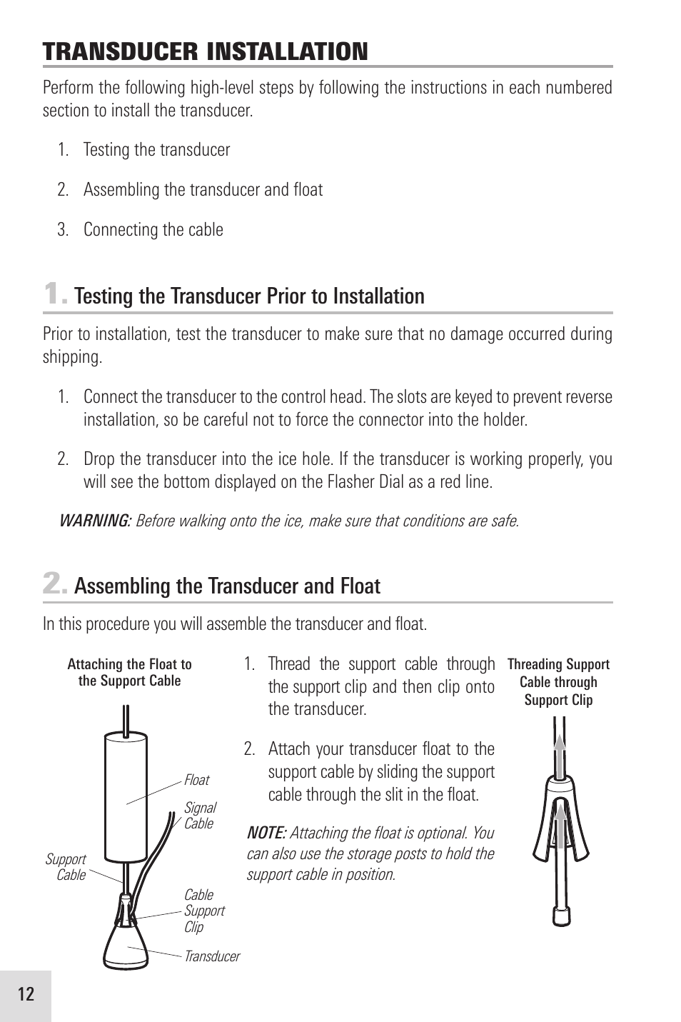 Transducer installation, Testing the transducer prior to installation, Assembling the transducer and float | Humminbird ICE 35 User Manual | Page 16 / 44