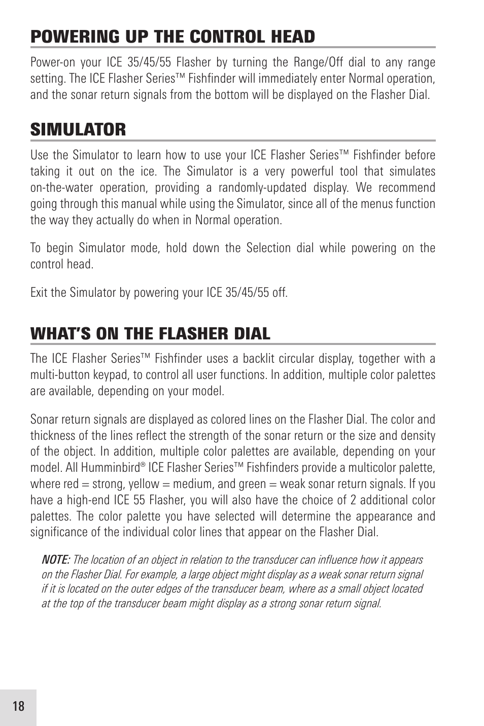 Powering up the control head, Simulator, What’s on the flasher dial | Humminbird ICE 35 User Manual | Page 22 / 44