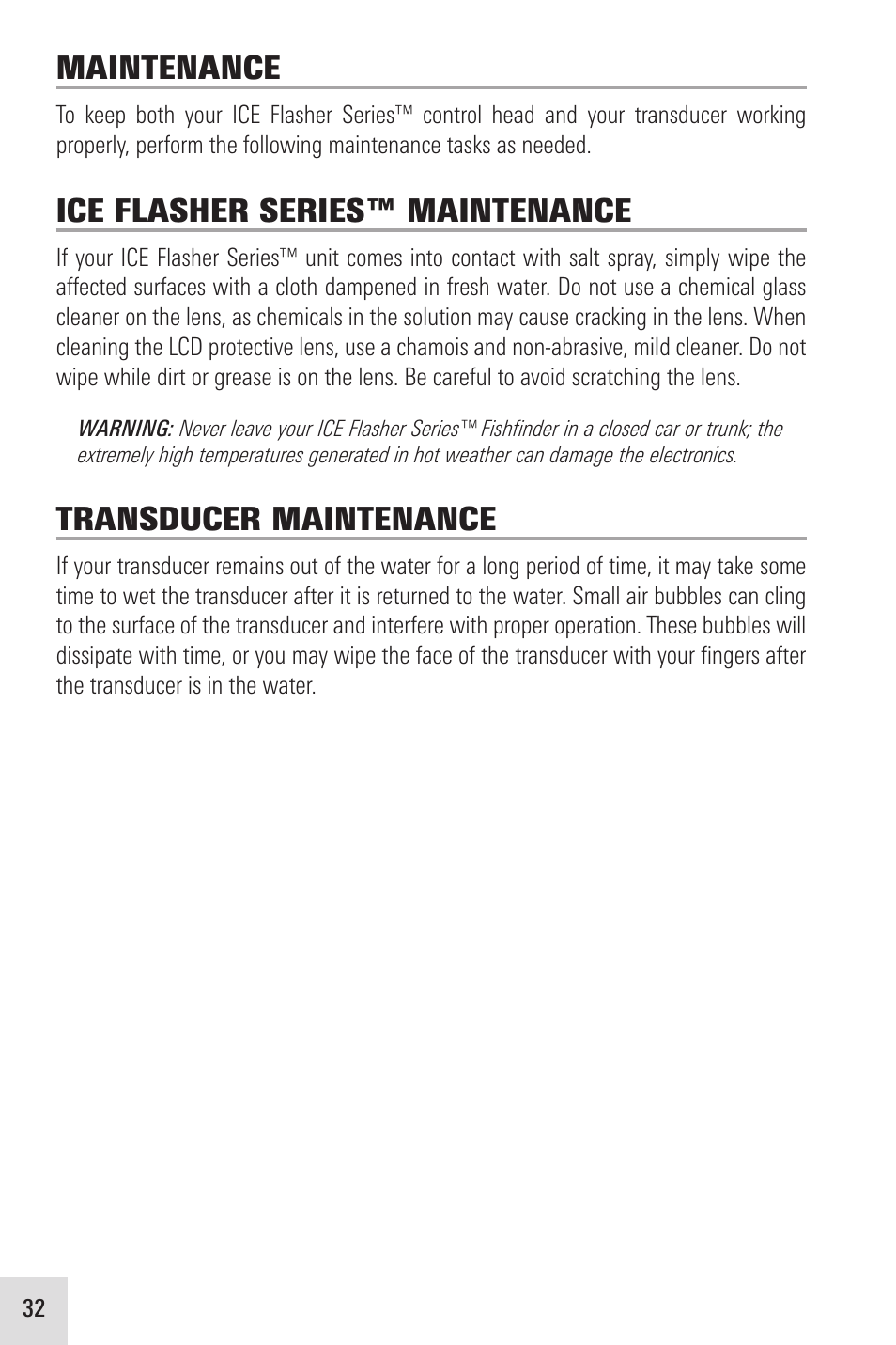 Maintenance, Ice flasher series™ maintenance, Transducer maintenance | Humminbird ICE 35 User Manual | Page 36 / 44