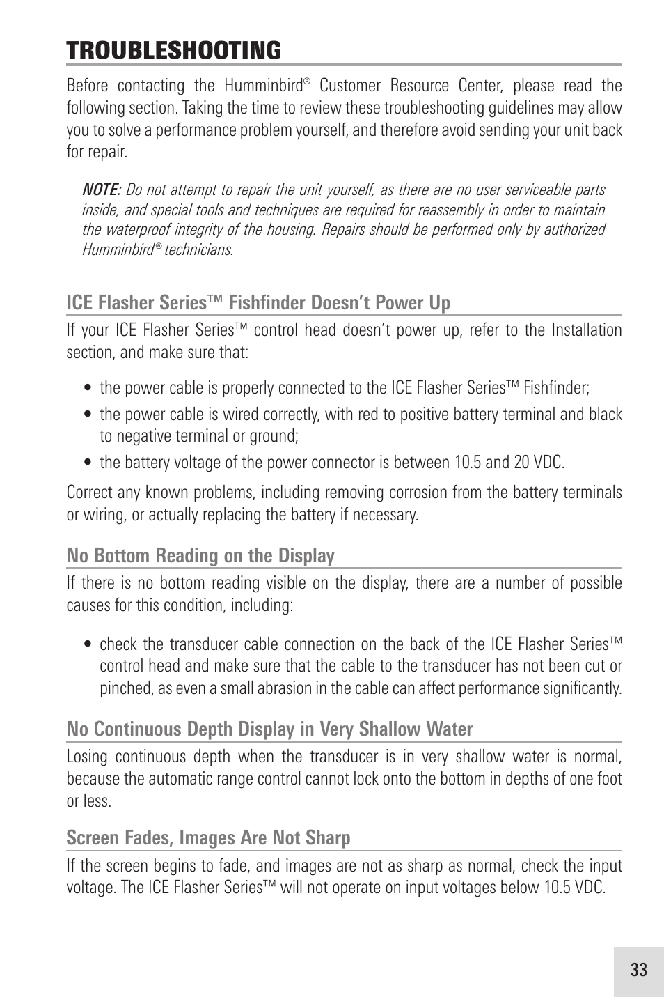 Troubleshooting | Humminbird ICE 35 User Manual | Page 37 / 44