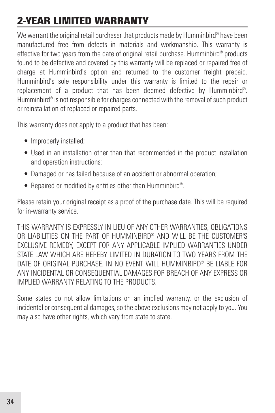 Year limited warranty | Humminbird ICE 35 User Manual | Page 38 / 44