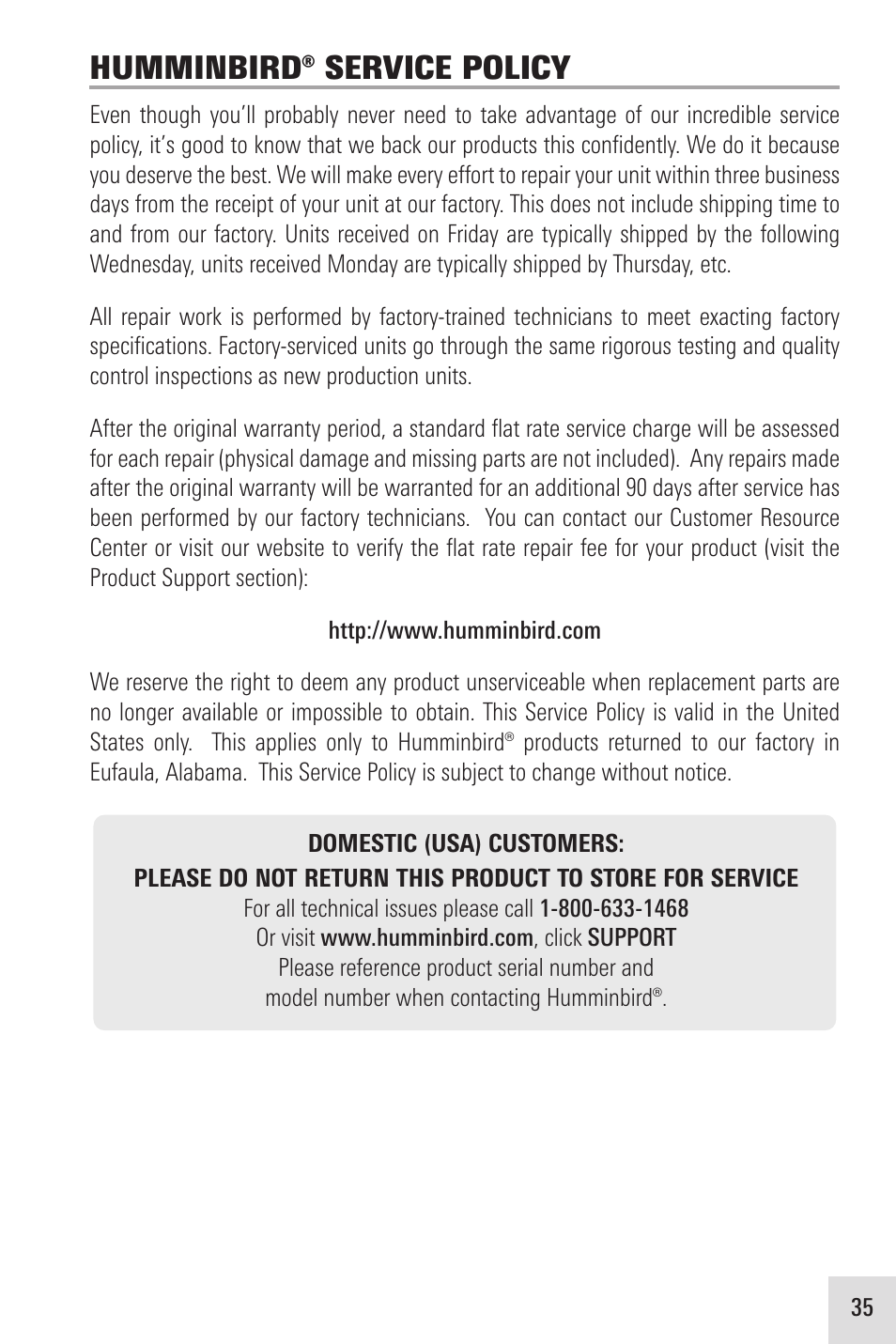 Humminbird® service policy | Humminbird ICE 35 User Manual | Page 39 / 44