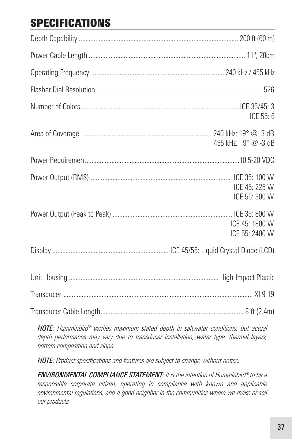 Specifications | Humminbird ICE 35 User Manual | Page 41 / 44