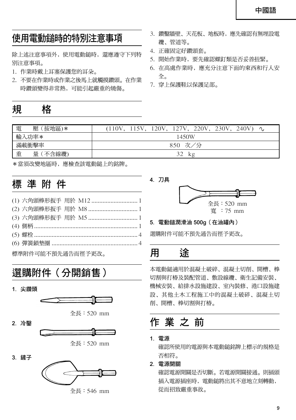 使用電動鎚時的特別注意事項, 標 準 附 件, 選購附件（分開銷售 | 作 業 之 前 | Humminbird H 90SB User Manual | Page 10 / 17