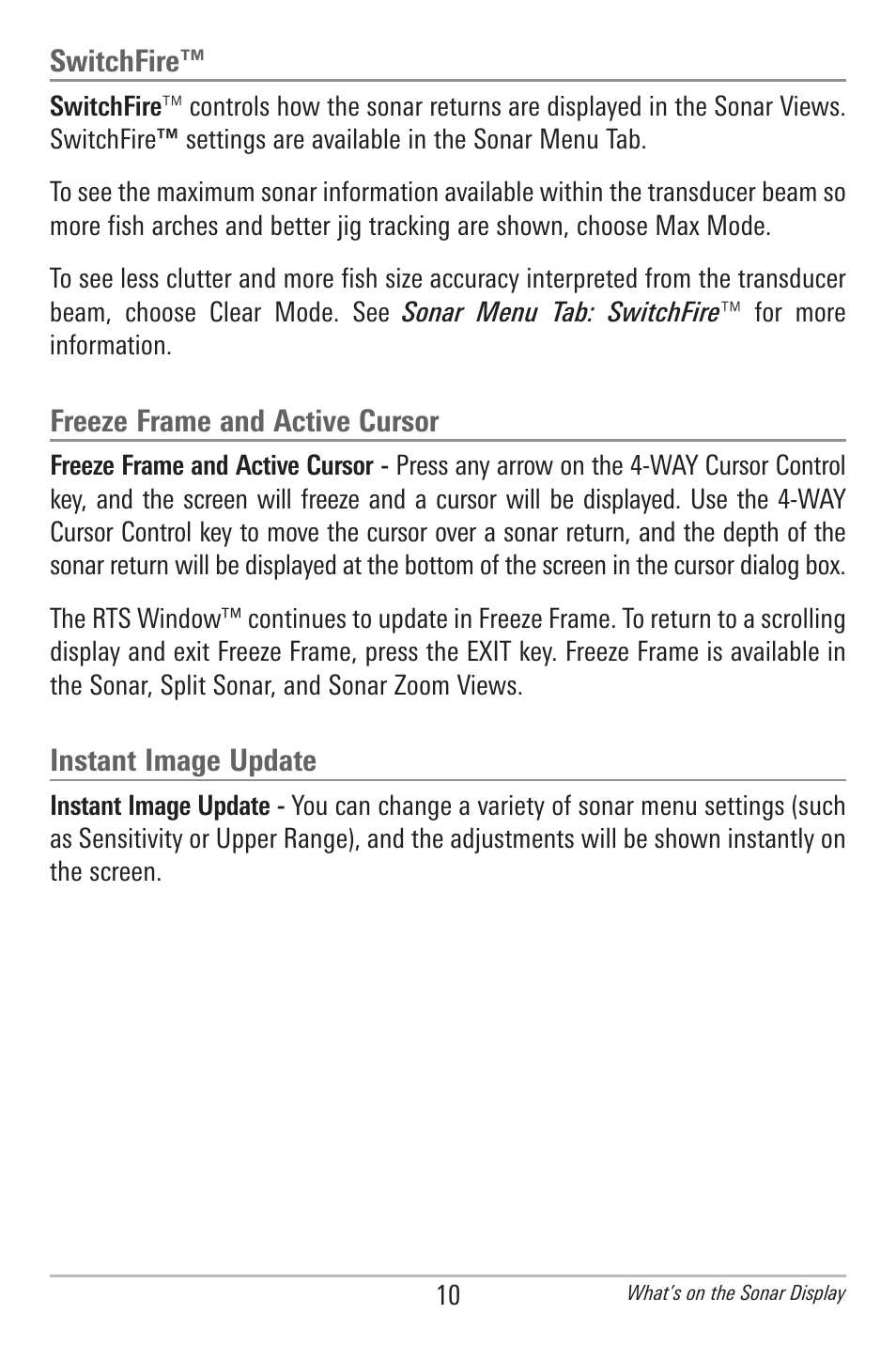 Switchfire, Freeze frame and active cursor, Instant image update | Humminbird 596C HD DI User Manual | Page 19 / 96