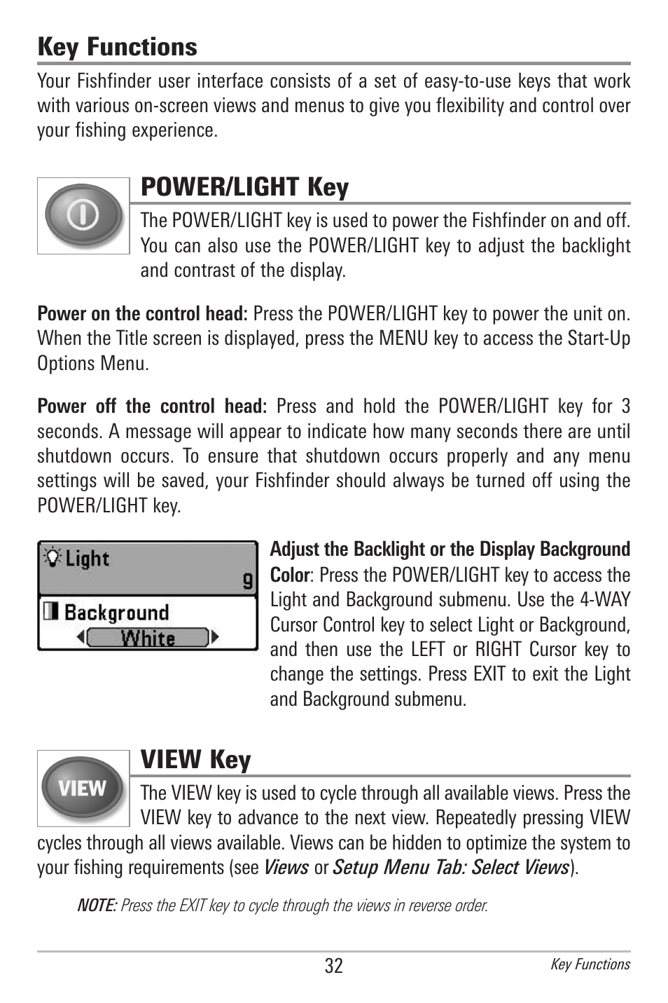 Key functions, Power/light key, View key | Humminbird 596C HD DI User Manual | Page 41 / 96