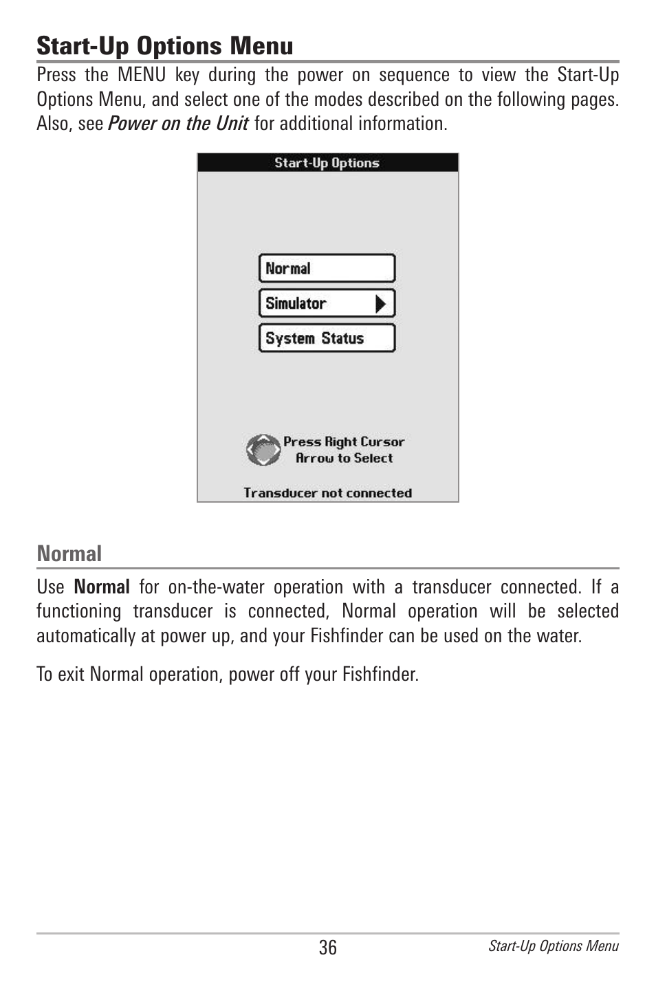 Start-up options menu, Normal | Humminbird 596C HD DI User Manual | Page 45 / 96