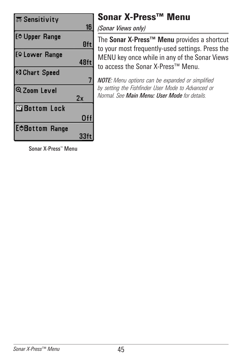 Sonar x-press™ menu | Humminbird 596C HD DI User Manual | Page 54 / 96